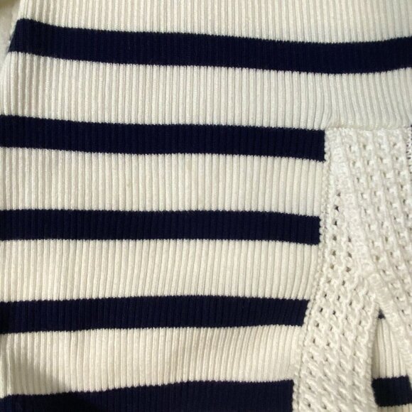 $695 CAROLINE CONSTAS Knit Stretch Midi Dress Striped White/Navy Bodycon L - Picture 9 of 11